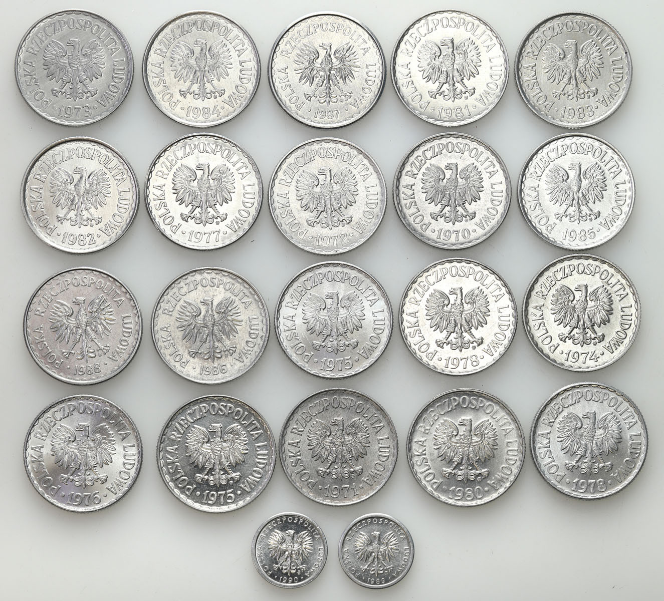 PRL. 1 złoty 1970-1990, zestaw 22 monet - PIĘKNE